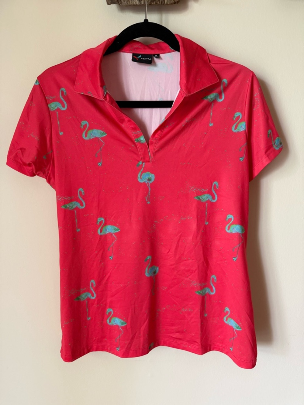 VETTA Coral Pink Flamingo Print Polo Shirt Golf Preppy Resort Top M